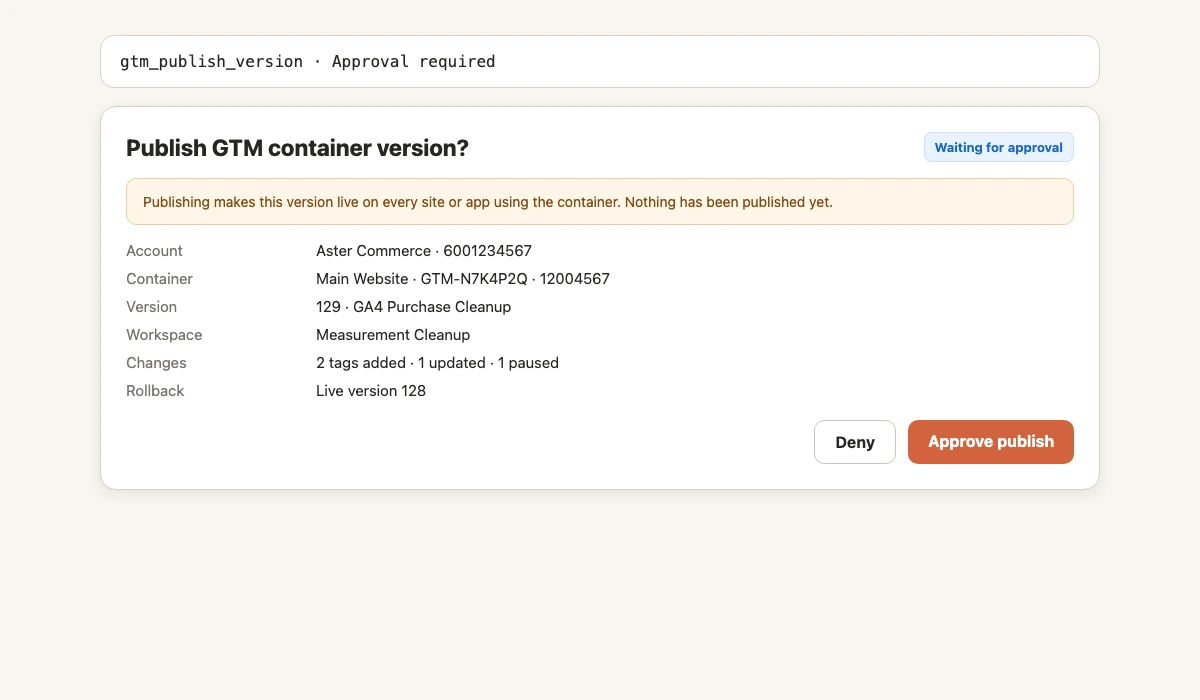 Claude showing a gtm_publish_version action waiting for approval