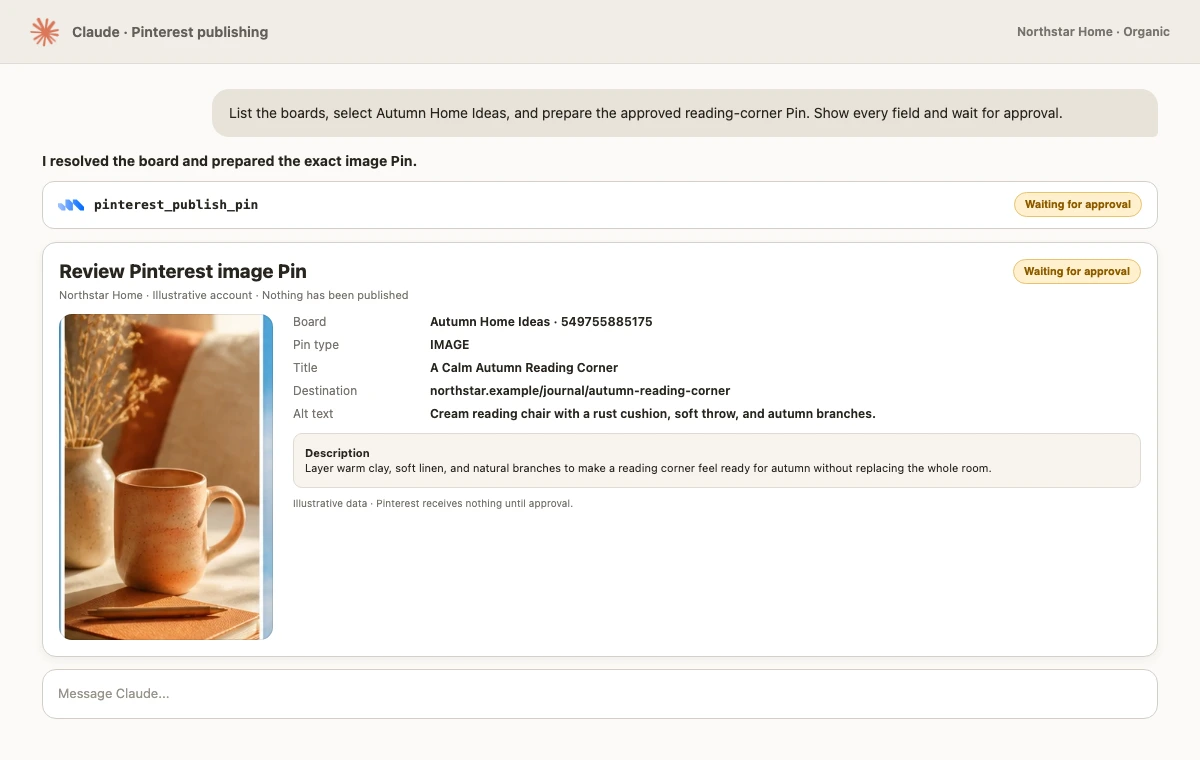 Claude session showing a real Pinterest image Pin and pinterest_publish_pin waiting for approval