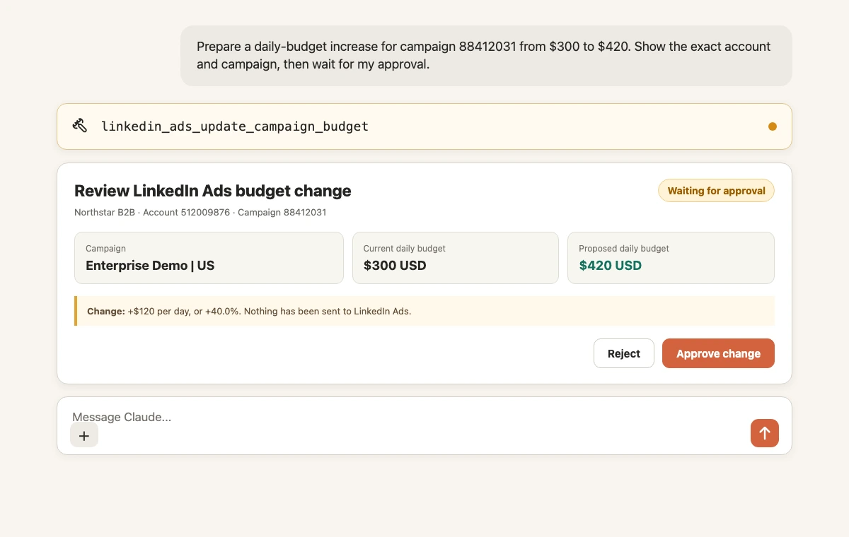 Claude budget update request waiting for explicit approval before execution