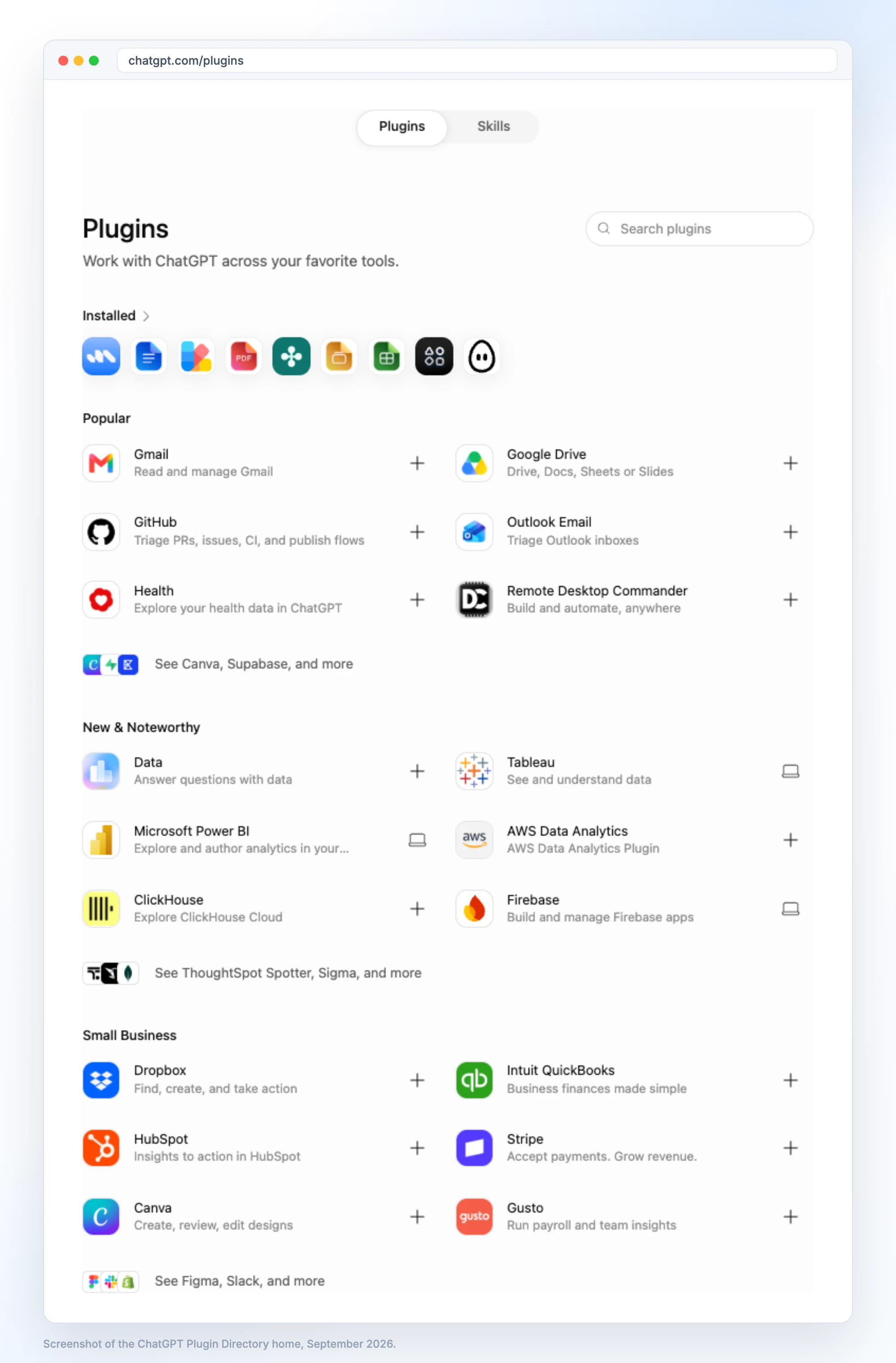 The ChatGPT Plugin Directory home in September 2026 with Installed, Popular, New and Noteworthy and Small Business sections