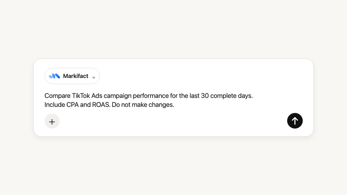 ChatGPT composer with Markifact selected for a TikTok Ads report