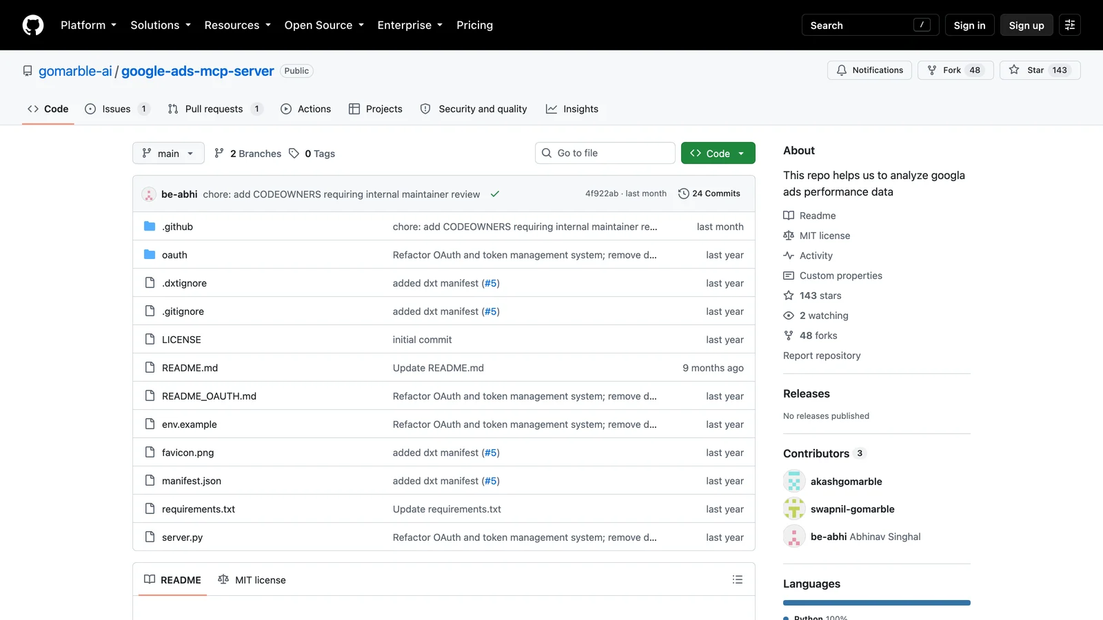 GoMarble Google Ads MCP server on GitHub