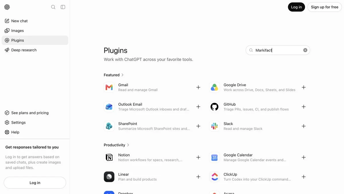 Current ChatGPT Plugins directory with Markifact entered in search