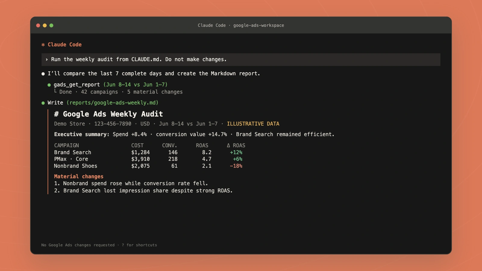 Generated Google Ads weekly audit Markdown file in a terminal workspace