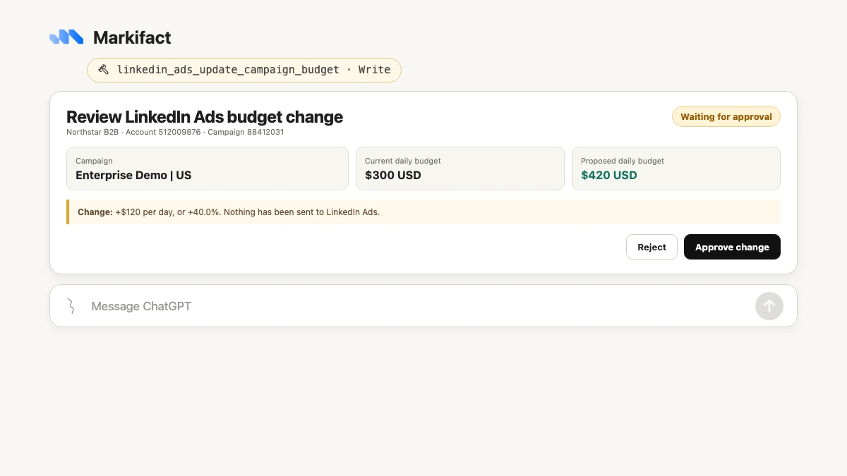 LinkedIn Ads daily-budget update waiting for approval in ChatGPT