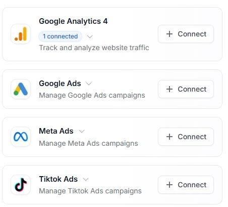 Markifact Connections page showing the Meta Ads connection