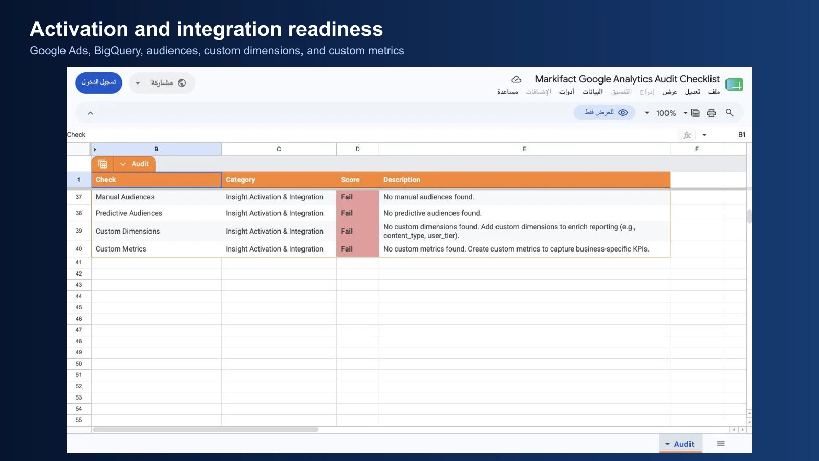 Google Ads, BigQuery, audience, custom-dimension, and custom-metric checks in the audit sheet
