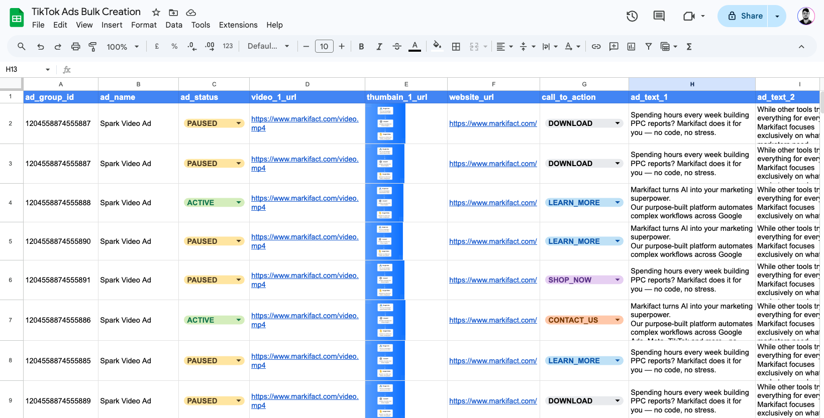 upload tiktok ads in bulk via google sheet