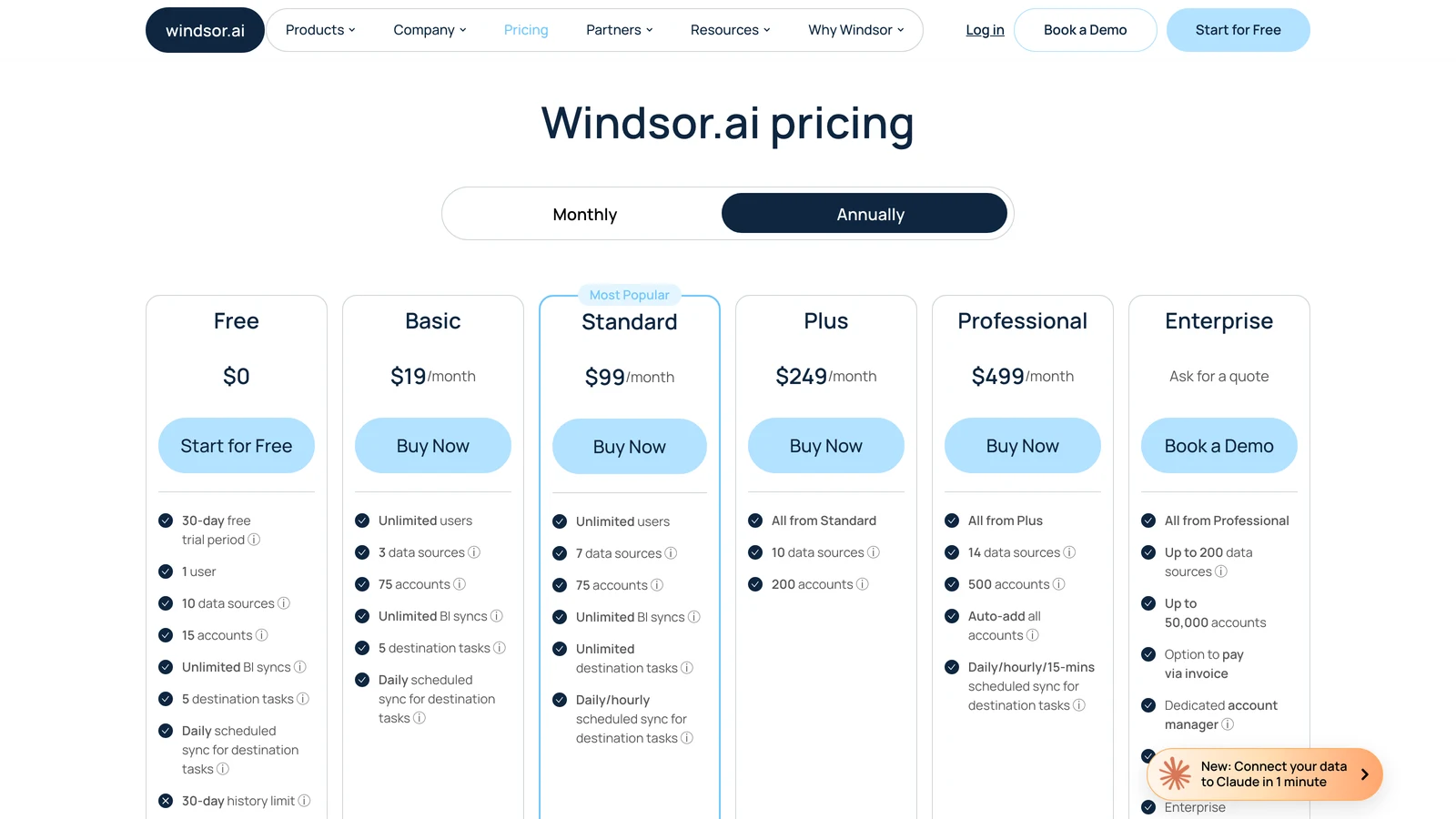 Windsor.ai pricing page showing 3, 7, 10 and 14 data source limits across Basic, Standard, Plus and Professional
