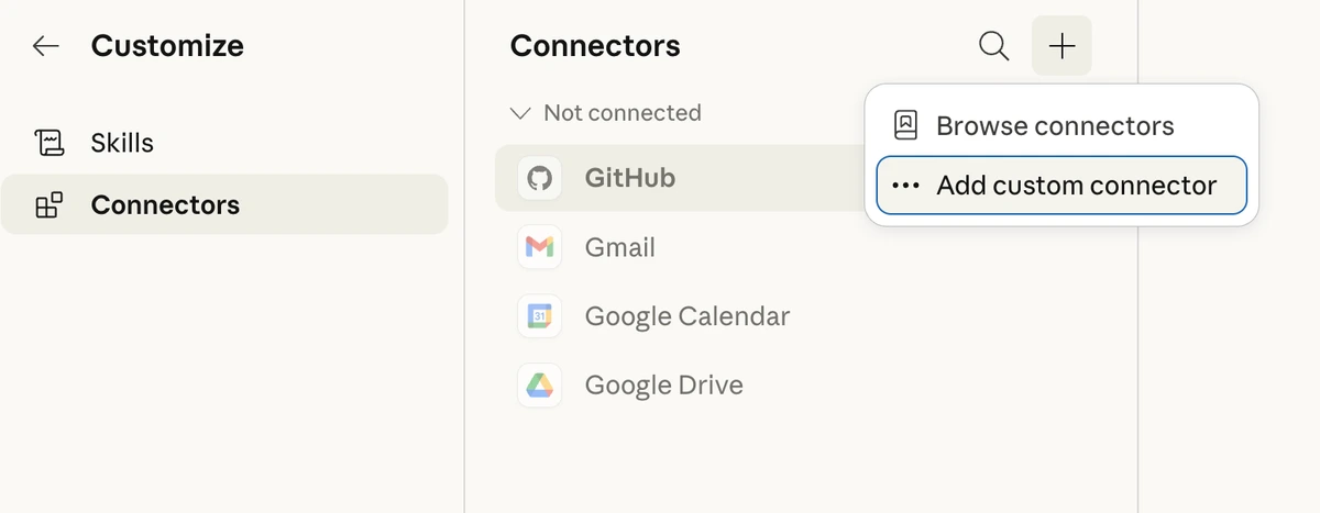 Claude Connectors page with Add custom connector selected