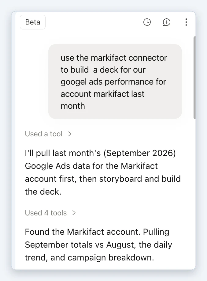 The prompt in the Claude for Slides sidebar and the first tool calls through Markifact
