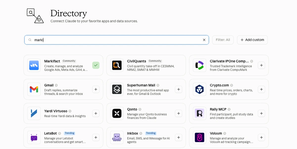 Claude connector directory showing the Markifact listing