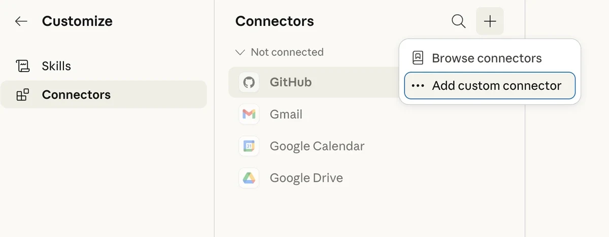 Claude Connectors settings with Add custom connector selected