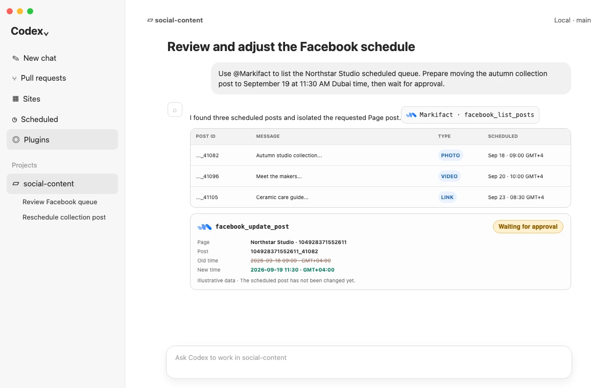Codex desktop task showing a Facebook scheduled queue and an approval-gated reschedule