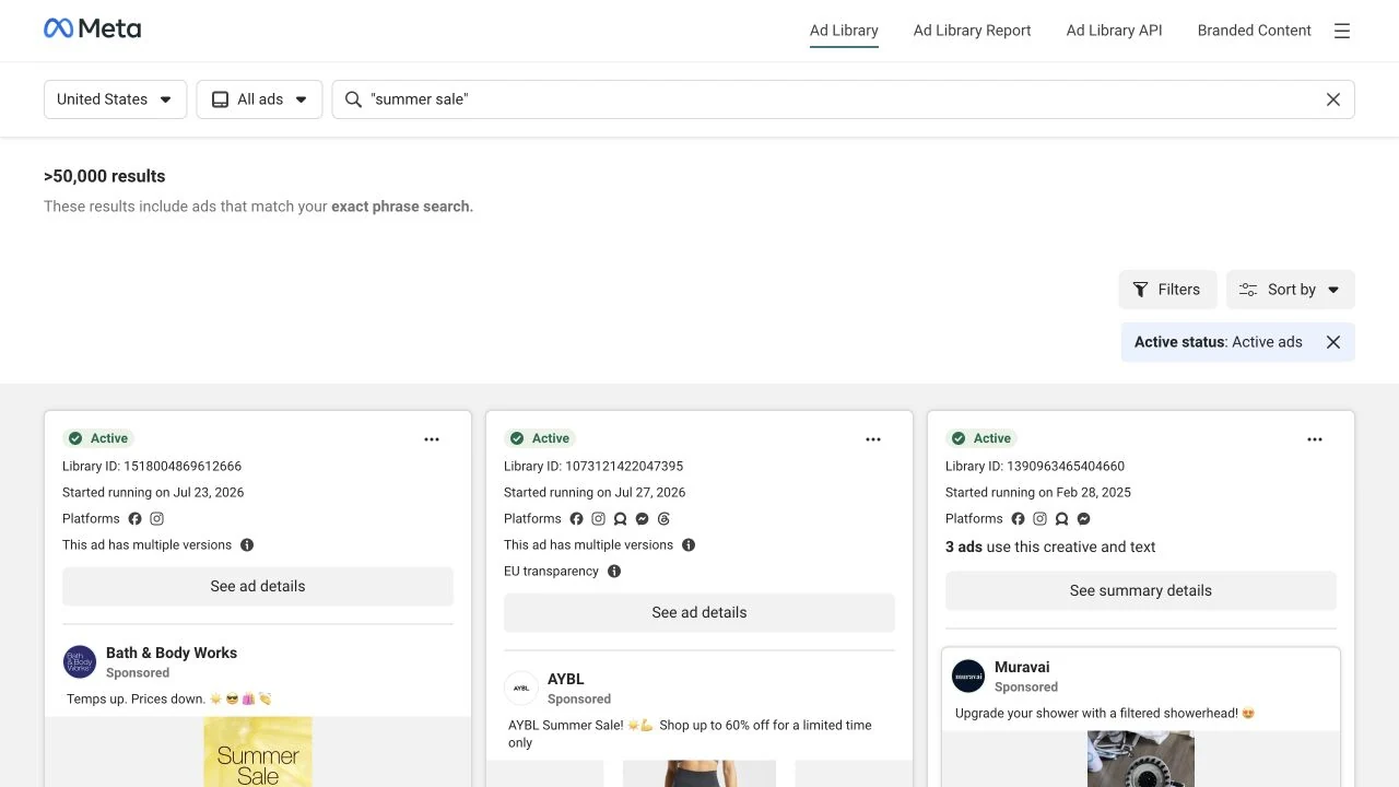 Current Meta Ad Library interface showing an exact-phrase search, country, active-status filter, and visible result count