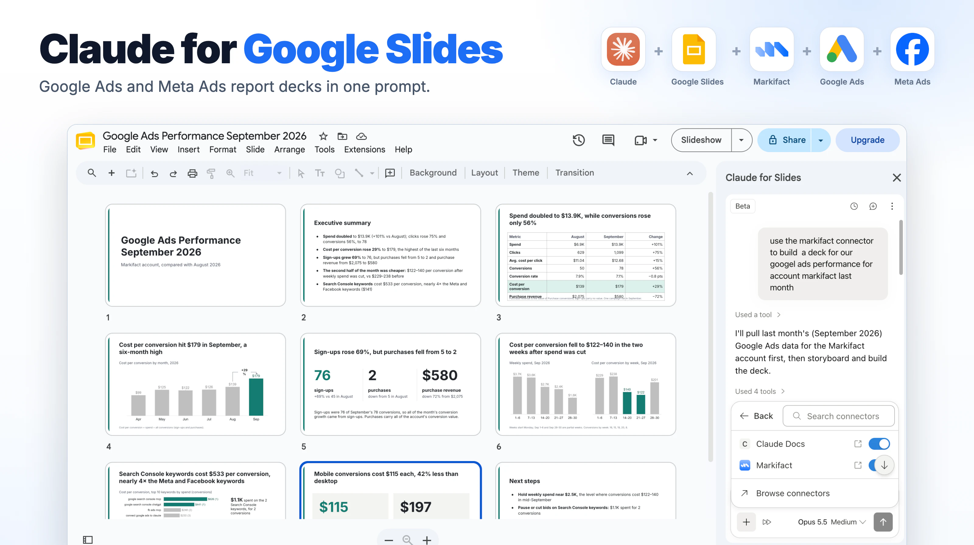 Claude for Google Slides: Build Google Ads and Meta Ads Report Decks