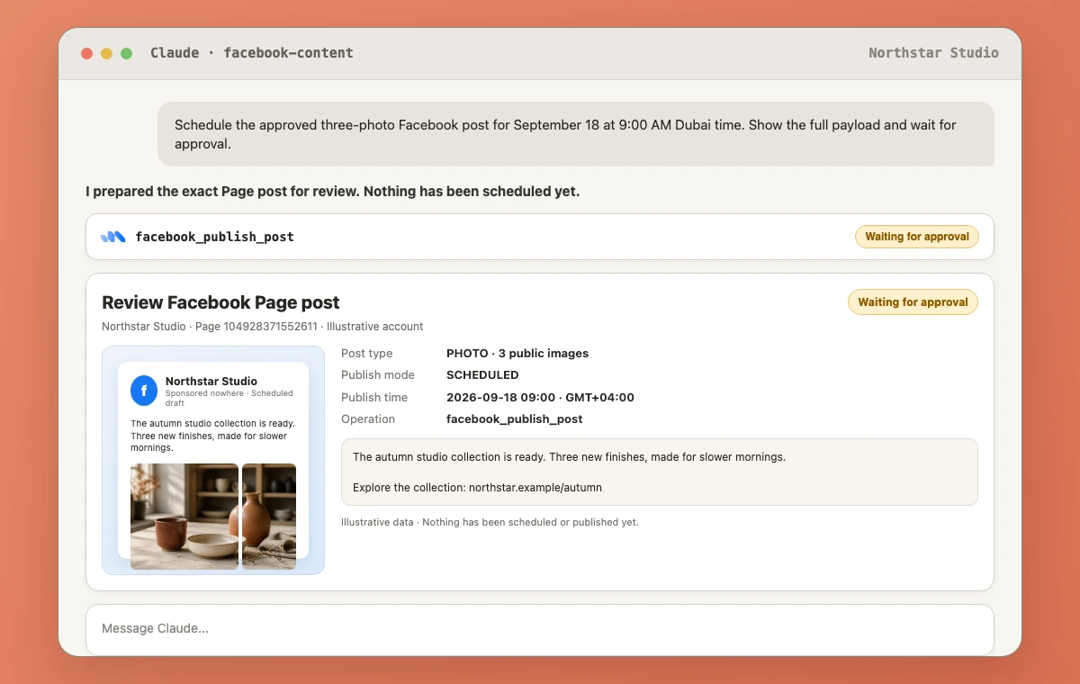 Claude session showing facebook_publish_post waiting for approval on a Facebook Page photo post