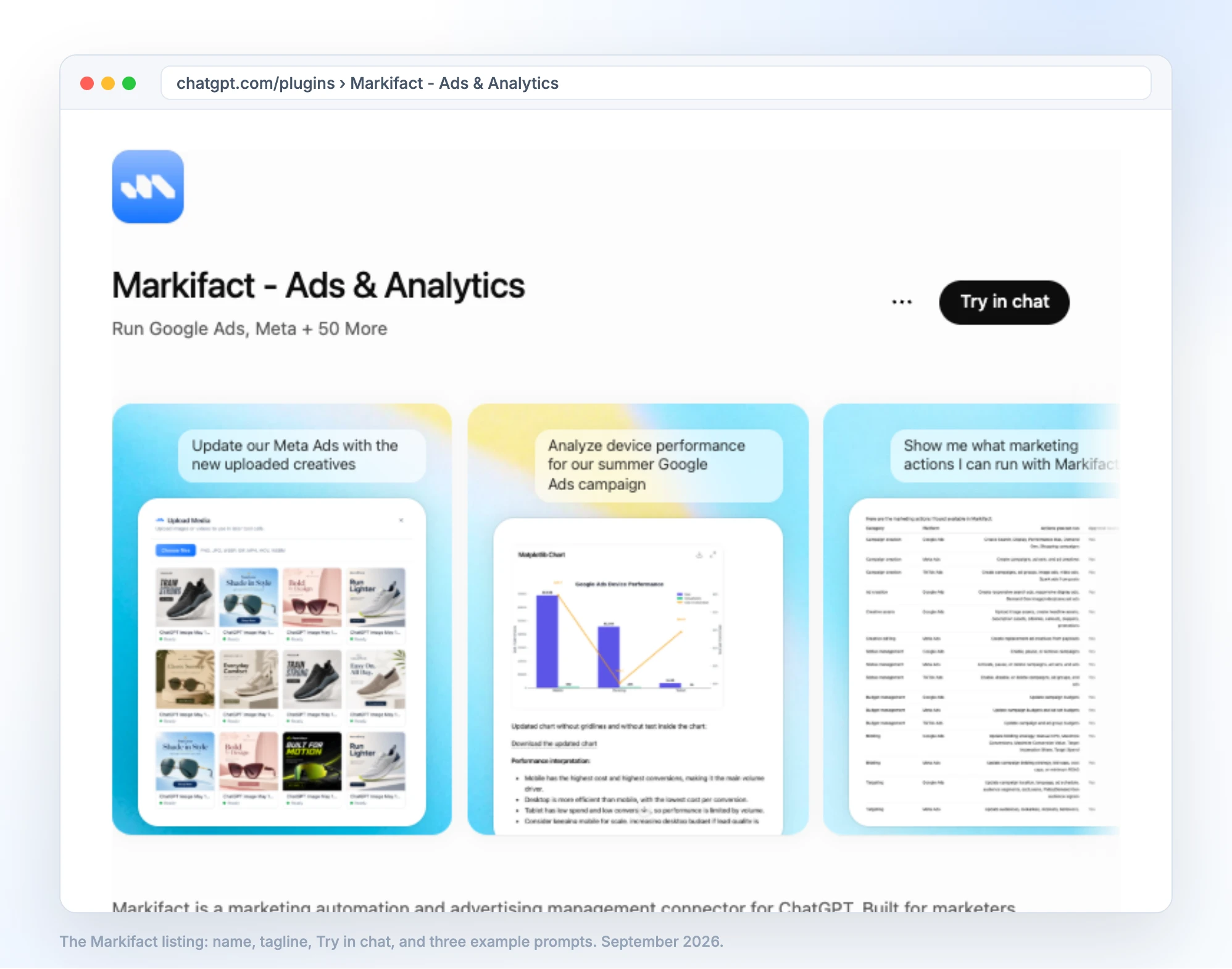 The Markifact - Ads & Analytics listing with the Try in chat button