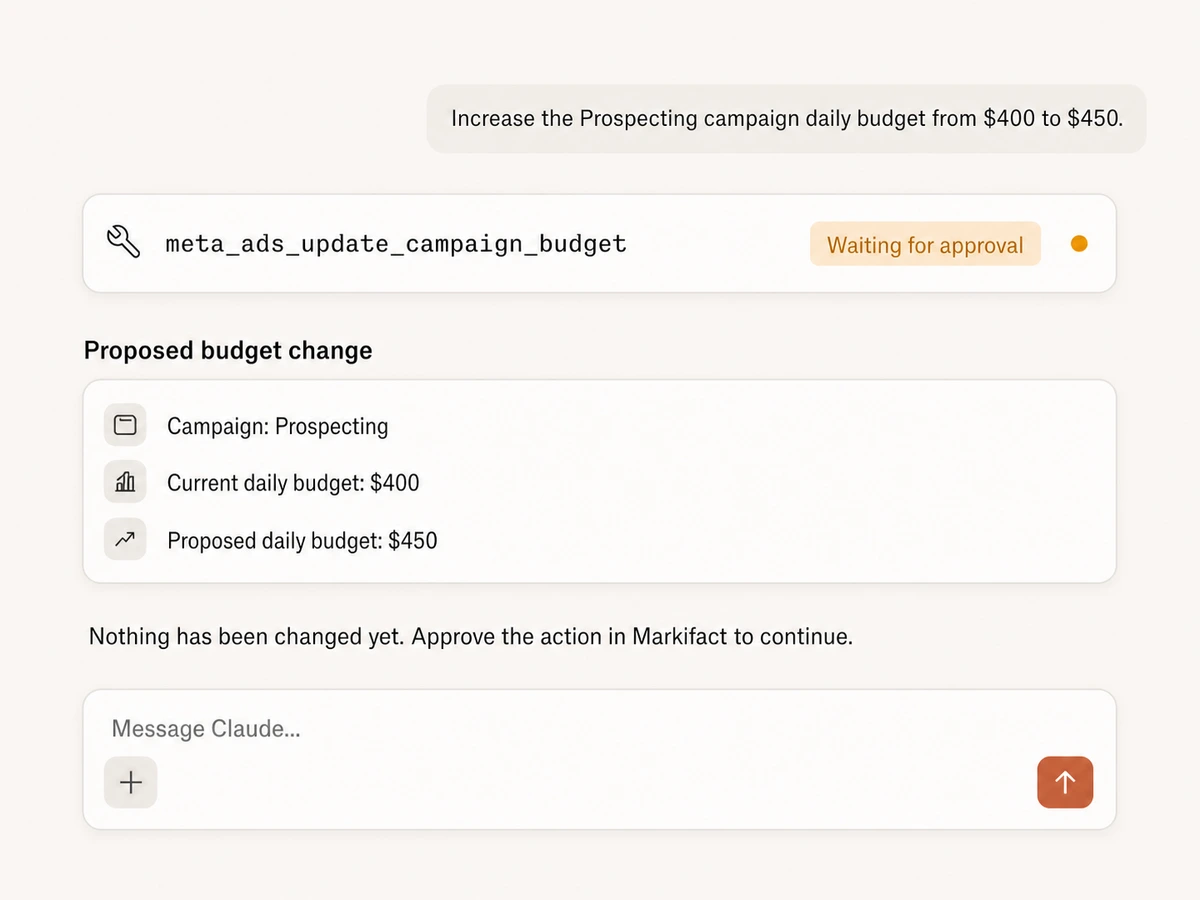 Claude session showing meta_ads_update_campaign_budget waiting for approval