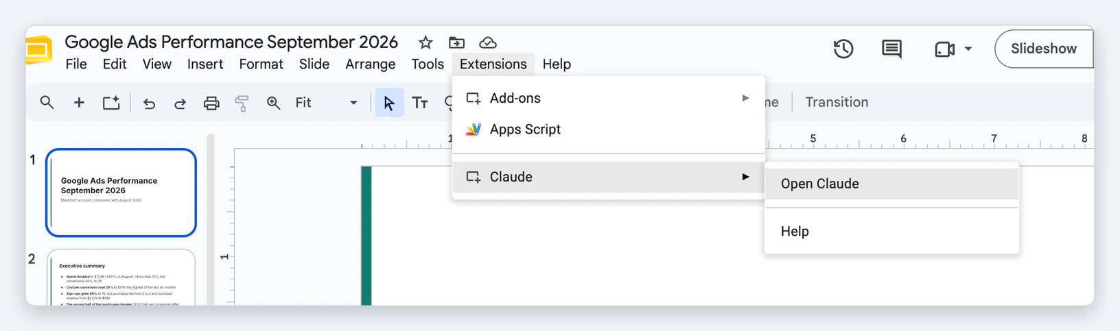 Extensions menu in Google Slides showing Claude and Open Claude