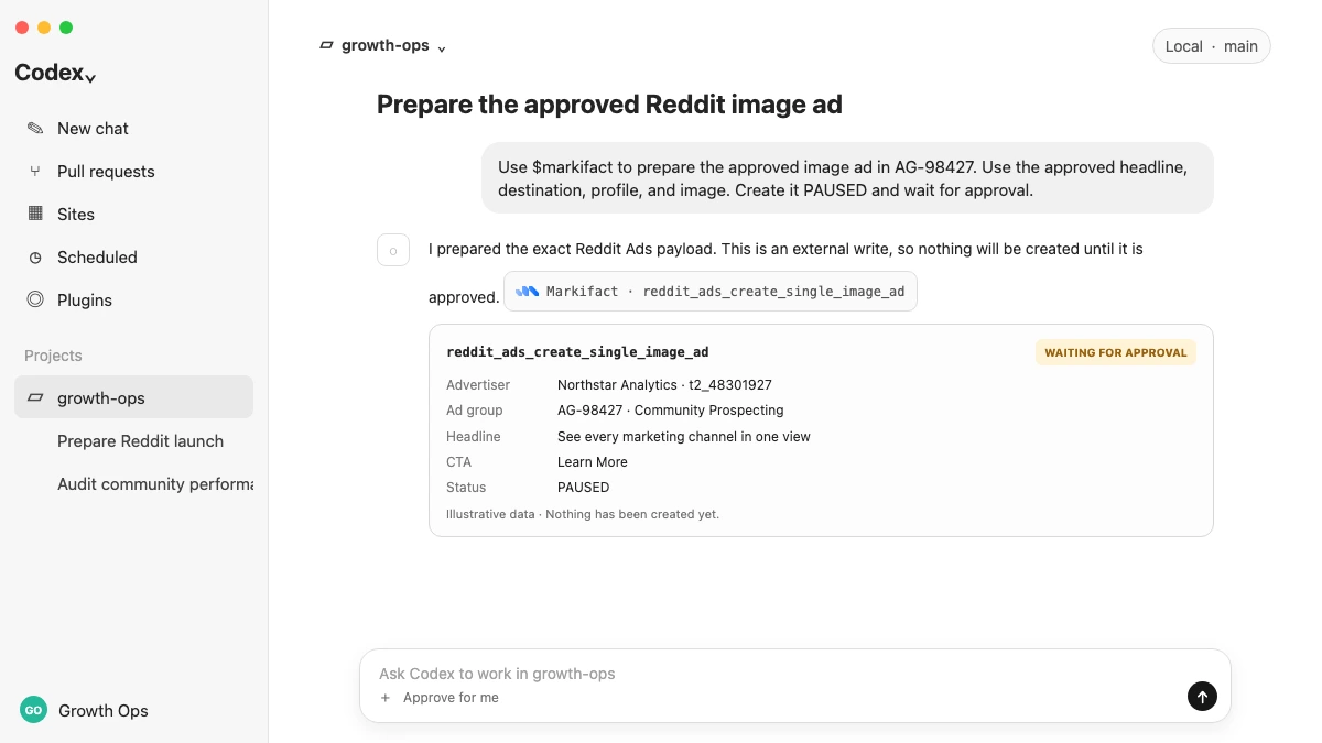 Codex desktop using Markifact to prepare a paused Reddit Ads image ad