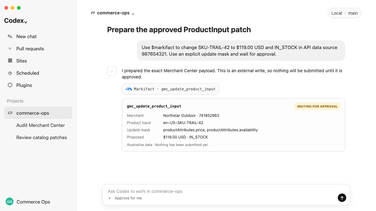 Codex desktop preparing a Merchant Center ProductInput patch