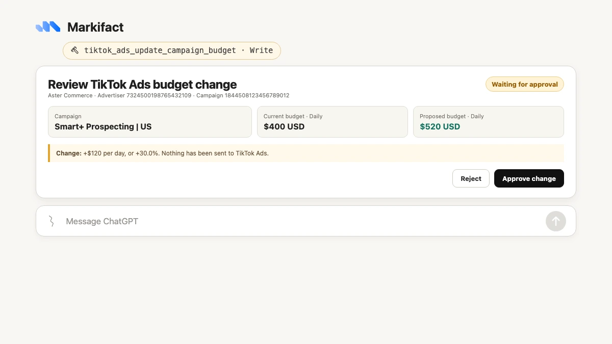 TikTok Ads campaign budget update waiting for approval in ChatGPT