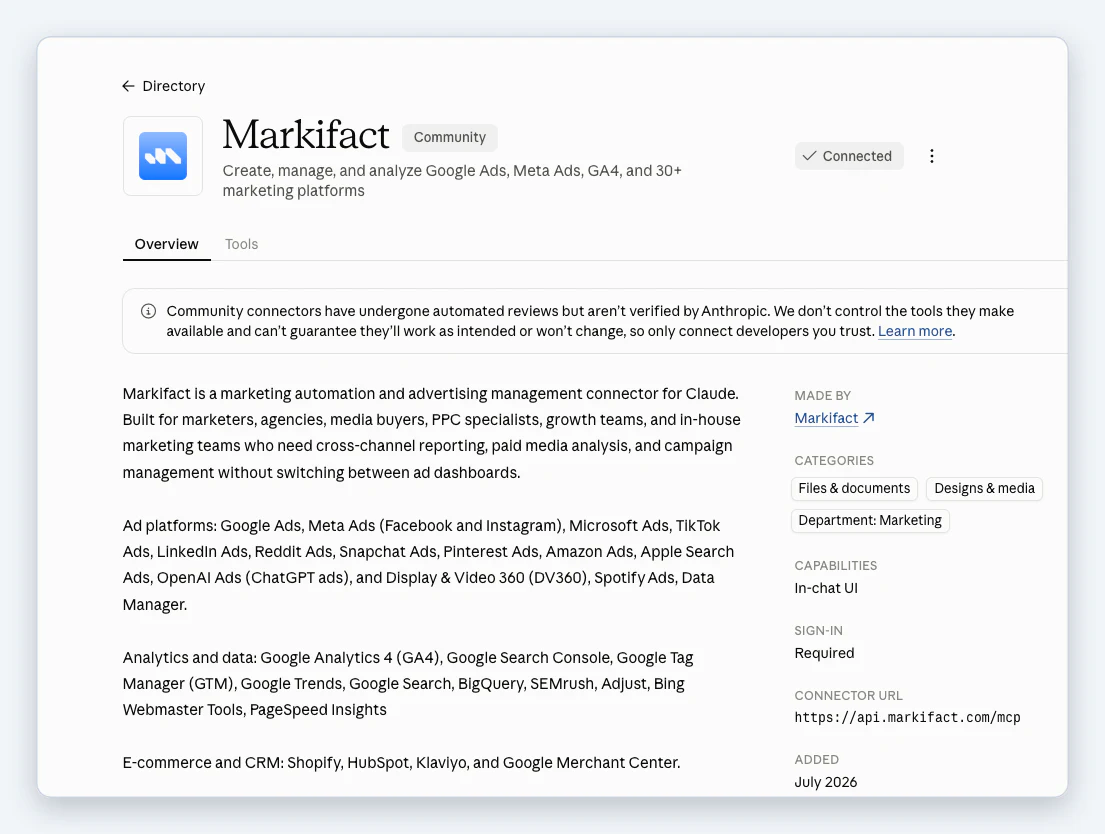 The Markifact connector page in the Claude connector directory, showing Connected