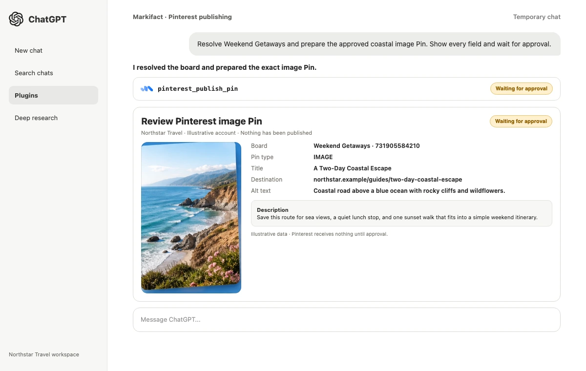 ChatGPT showing a real Pinterest image Pin and pinterest_publish_pin waiting for approval