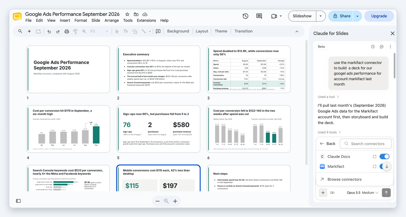All nine slides of the Google Ads report deck in grid view, with the prompt in the Claude for Slides sidebar