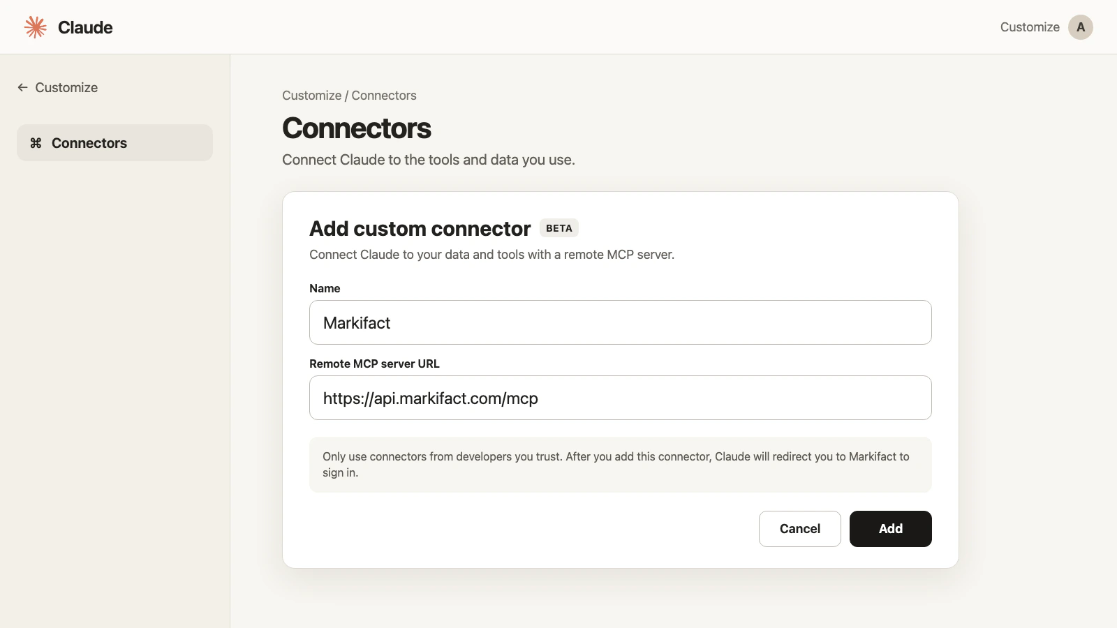Claude custom connector form with Markifact and the Markifact MCP URL