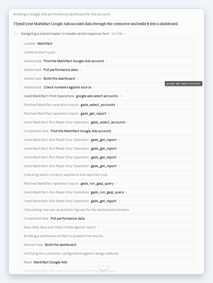 The Claude chat log while building the dashboard: tasks, Markifact operations, currency check, totals check