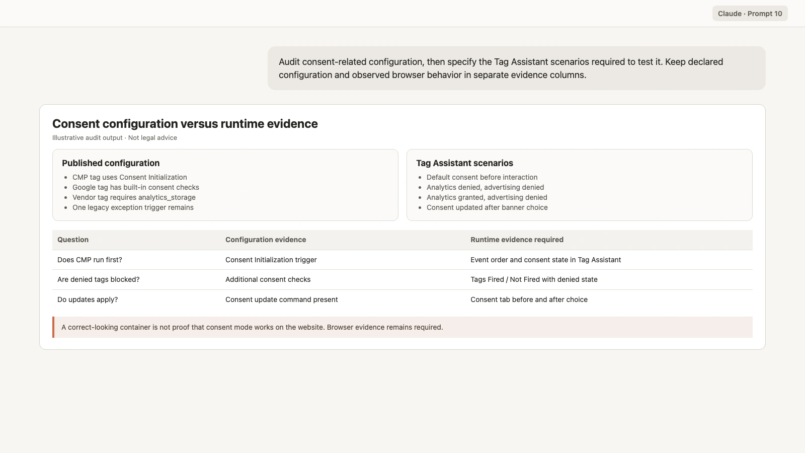 Claude separating GTM consent configuration from Tag Assistant runtime evidence