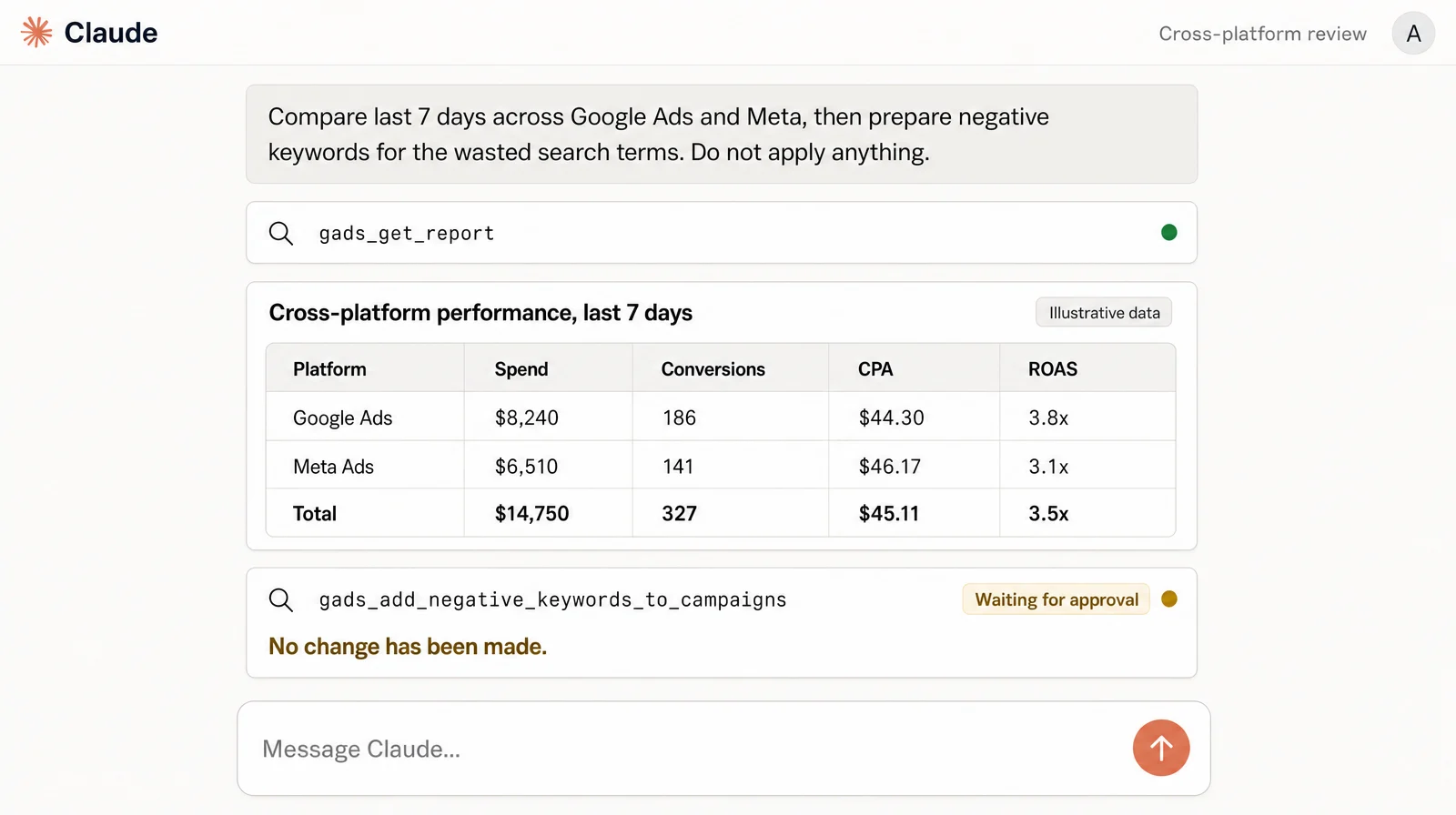 Markifact pulling a cross-platform report in Claude with a write action waiting for approval