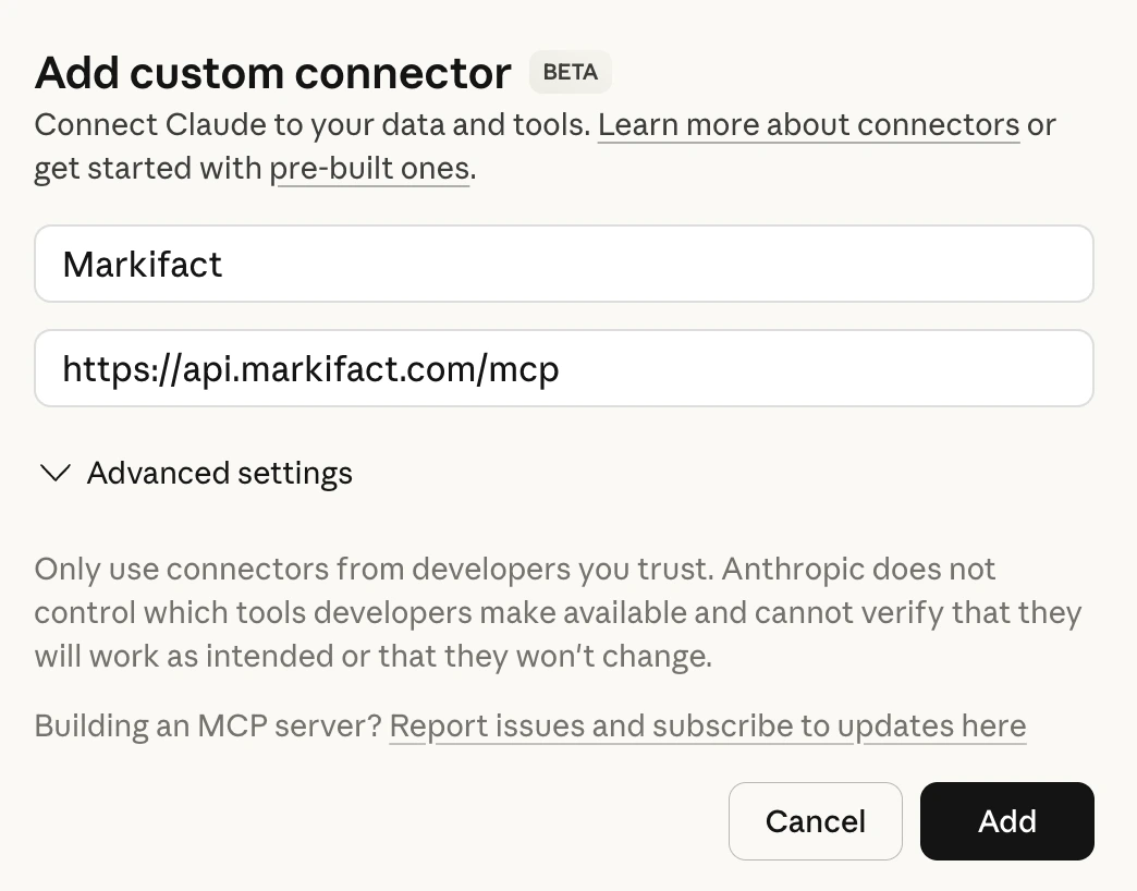 Claude custom connector dialog containing the Markifact MCP URL
