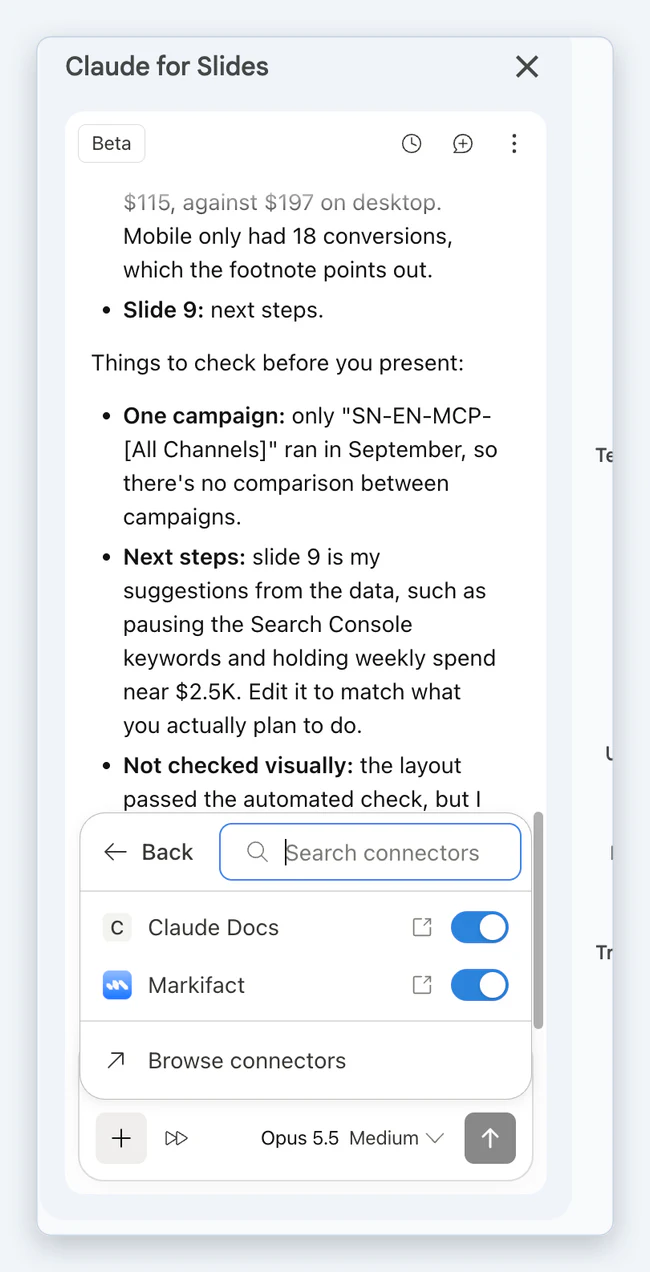 The connectors menu inside the Claude for Slides sidebar with Markifact switched on