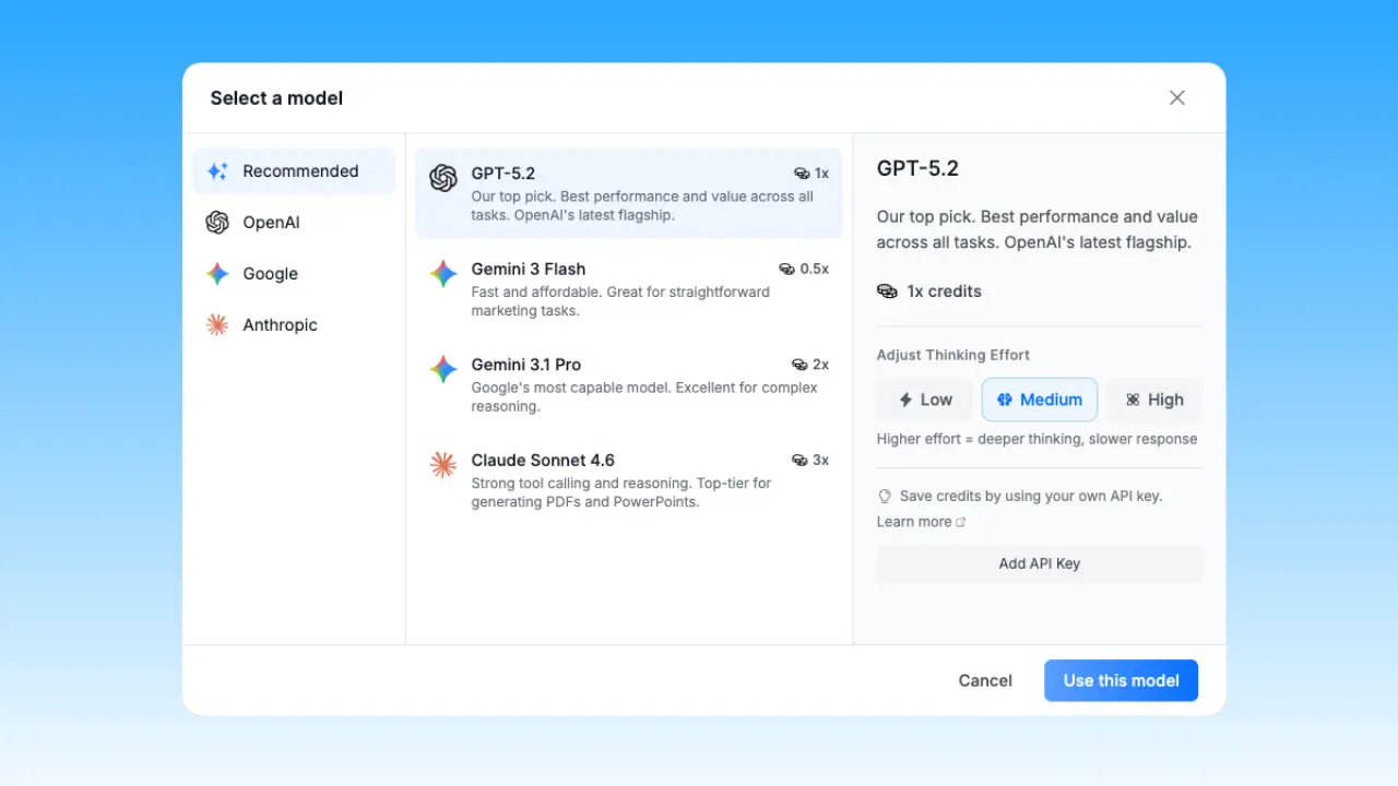 Markifact model-provider selection interface