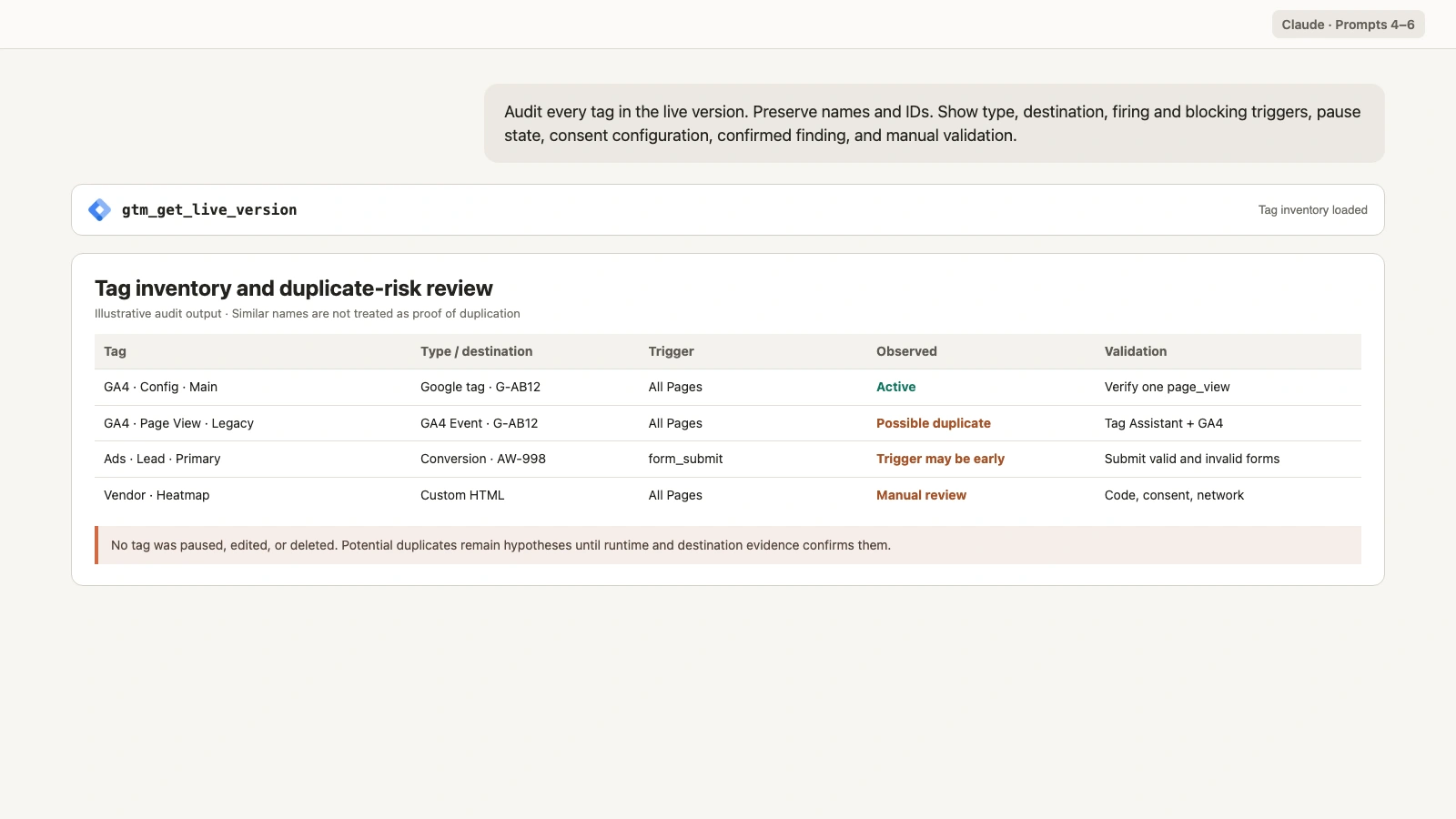 Claude tag audit showing tag type, trigger references, pause state, and duplicate risk