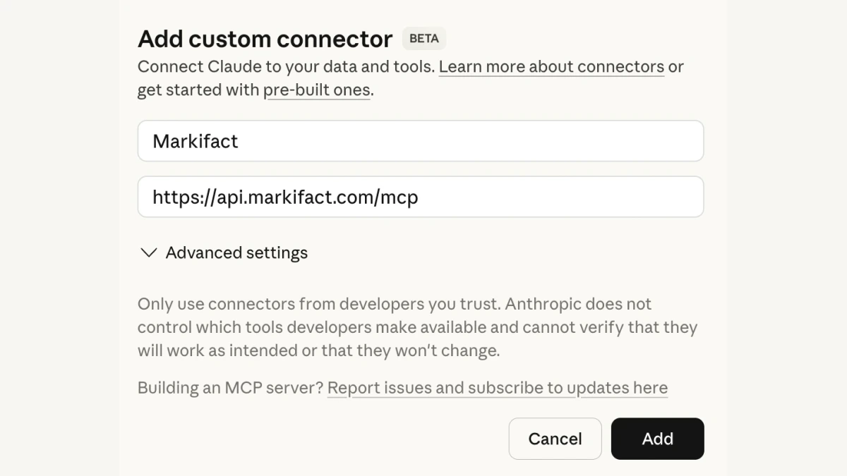 Claude custom connector dialog with the Markifact MCP endpoint