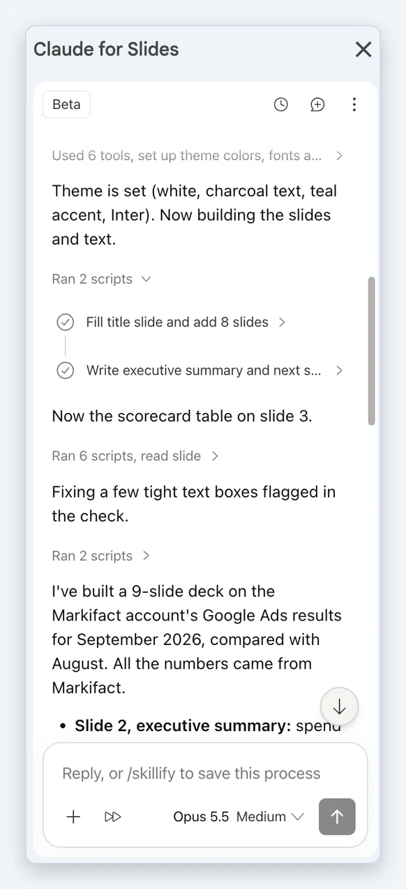The sidebar build log: theme set, slides added, text boxes fixed, final summary
