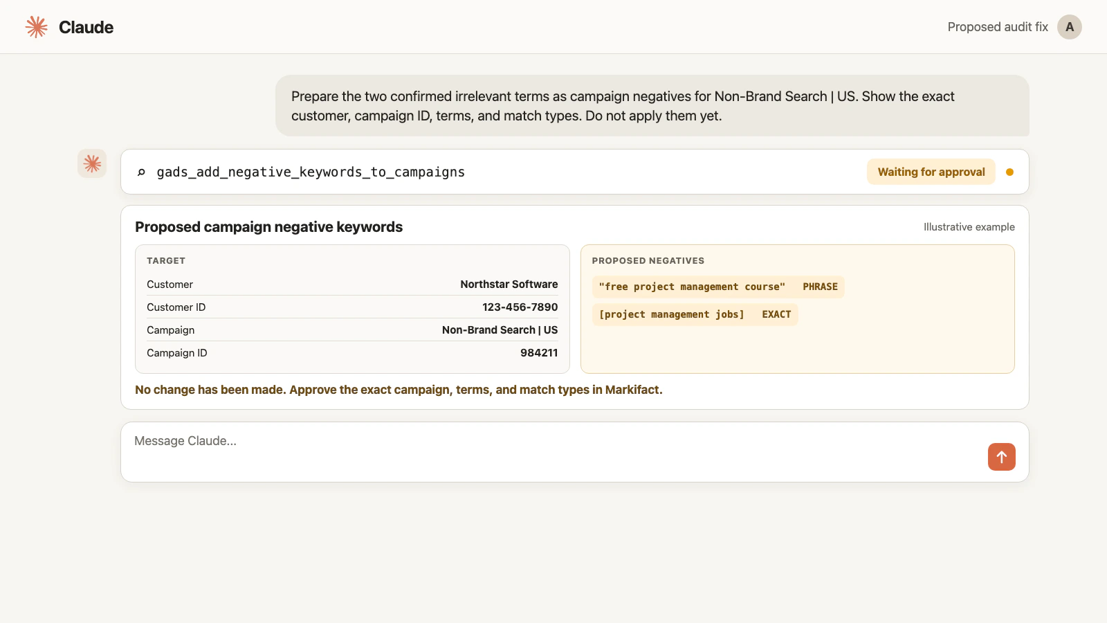 Illustrative Google Ads negative keyword change waiting for approval in Claude