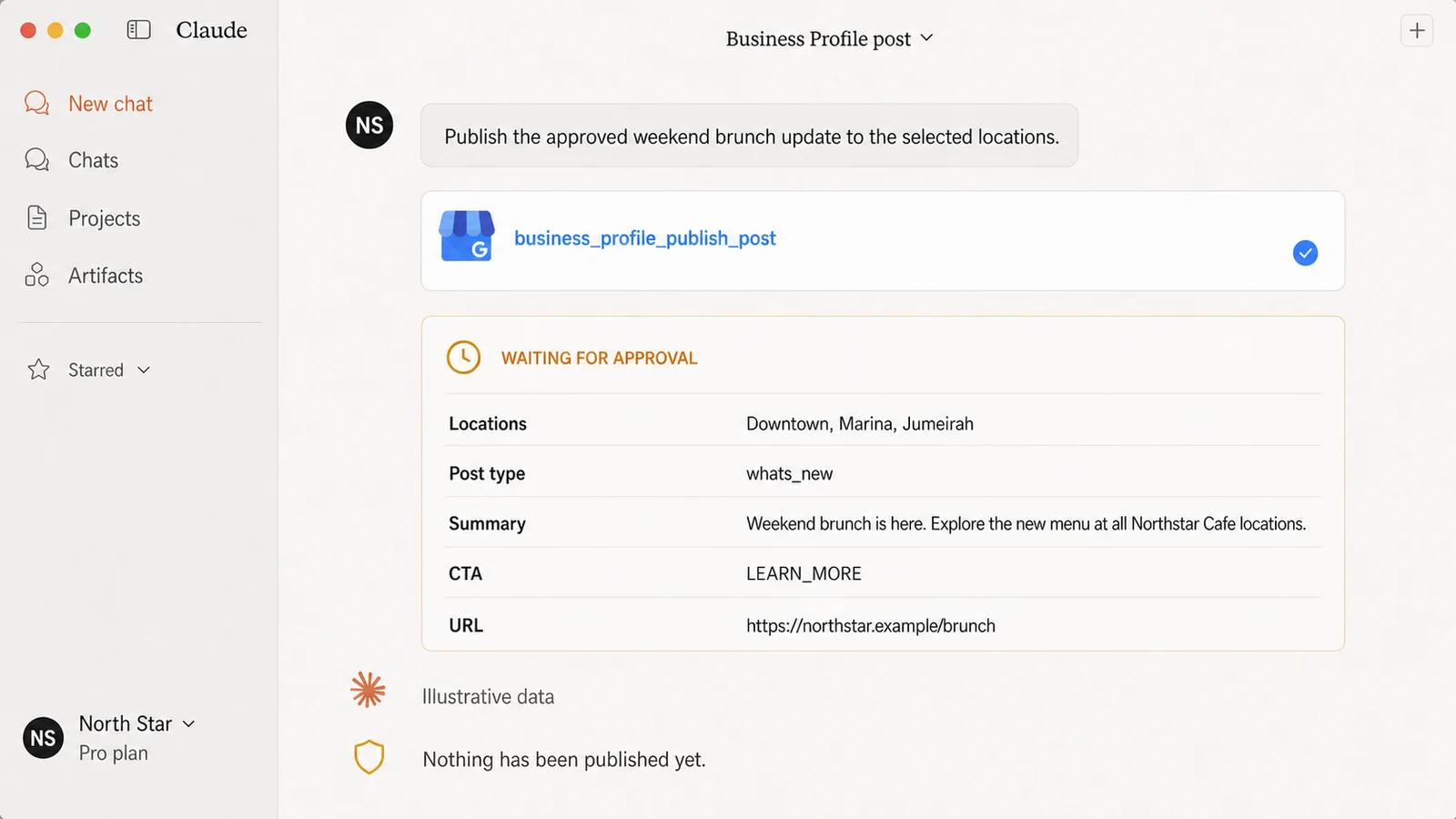 Claude showing business_profile_publish_post waiting for approval