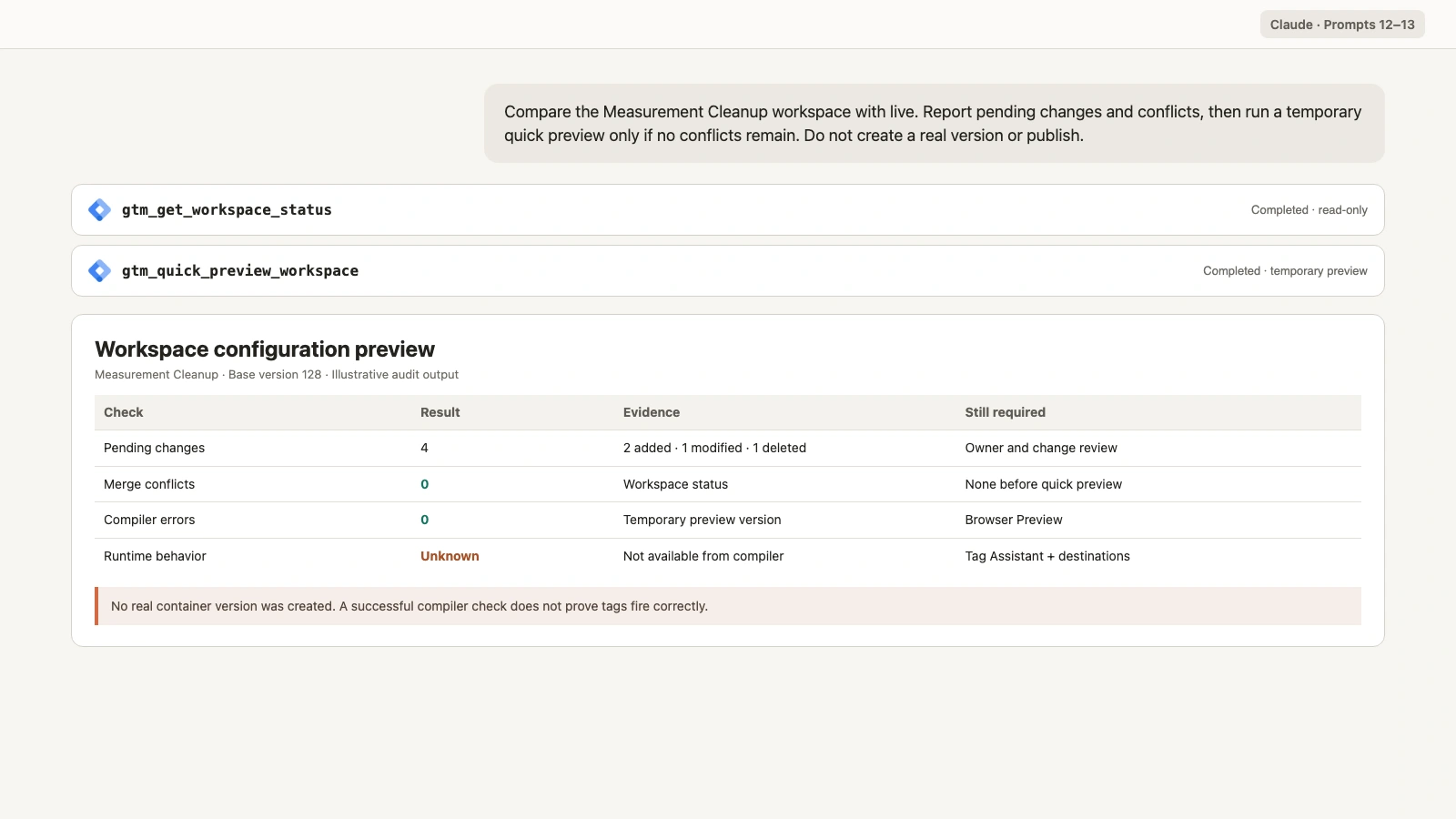 Claude workspace status and quick-preview result showing compiler and merge checks