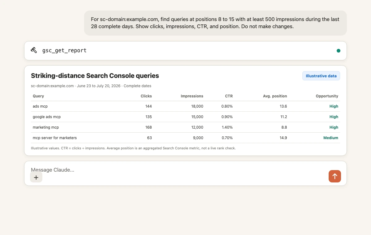 Claude using gsc_get_report to find striking-distance Google Search Console queries