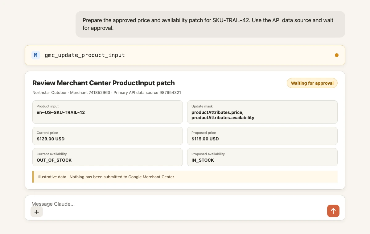 Claude showing gmc_update_product_input waiting for approval