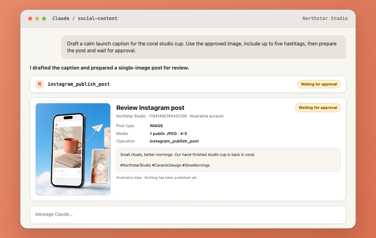 Claude session showing an Instagram image post preview and the instagram_publish_post action waiting for approval