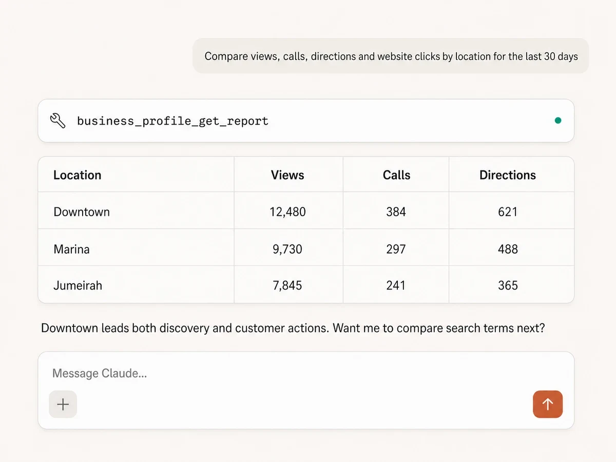 Claude comparing fictional Google Business Profile locations with business_profile_get_report