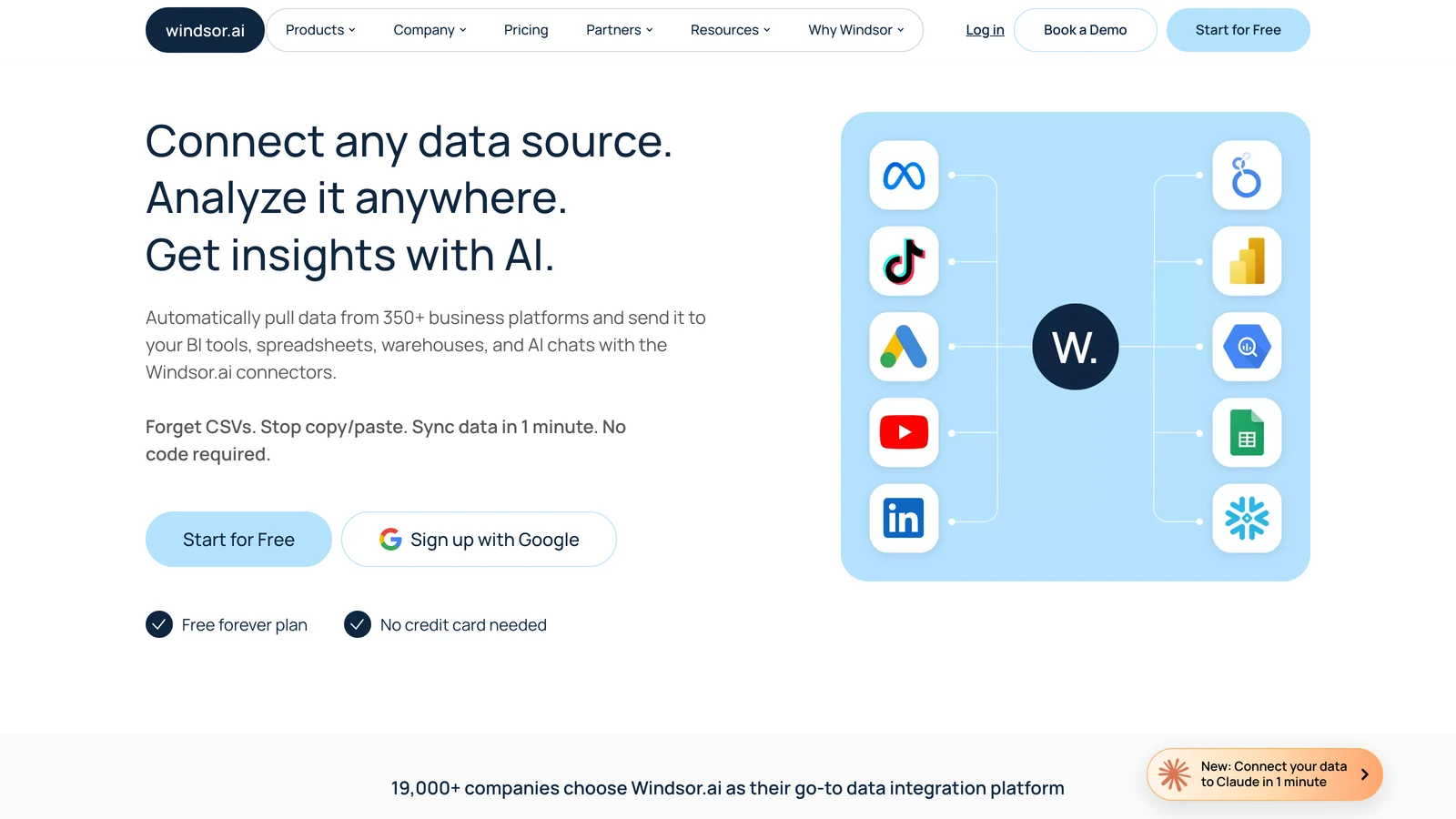 The Windsor.ai homepage, connect any data source and get insights with AI