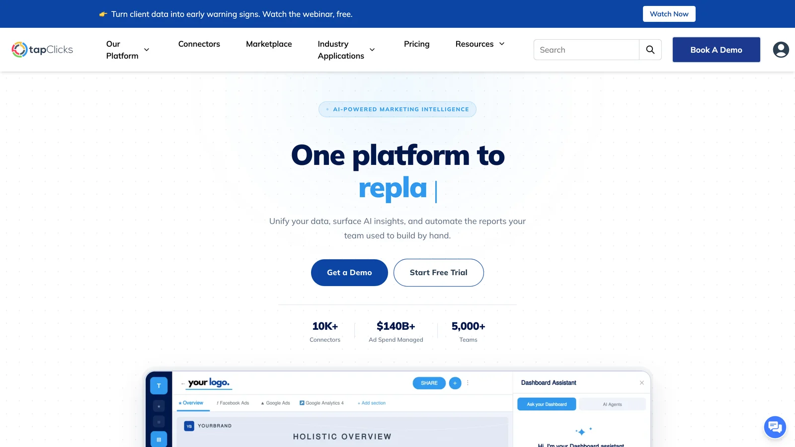 The TapClicks homepage, one platform to automate your reporting