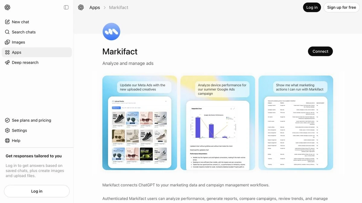 Actual Markifact plugin listing with Connect action
